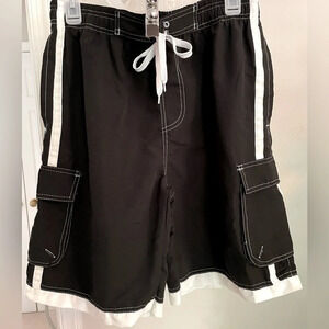 NBN size L men’s swim/board shorts Black w/white trim 2 side & hip pockets poly